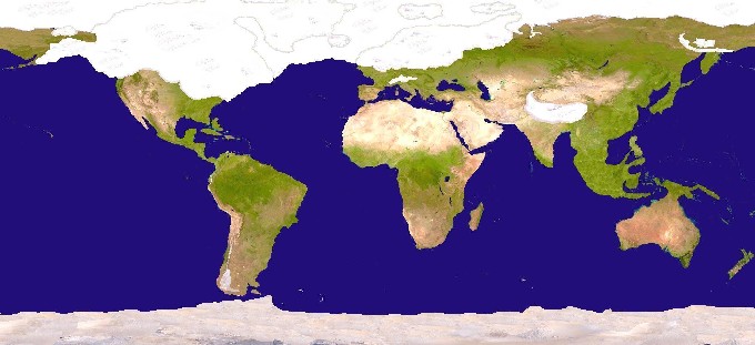 Il mondo durante la Glaciazione di Würm. Si noti il livello più basso dei mari
