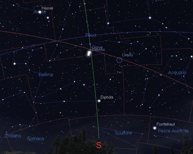 Il cielo stellato visto da Gerusalemme verso Sud, cioè verso Betlemme, alle 17.00 ora locale del 4 dicembre del 7 a.C., realizzata con il programma Stellarium