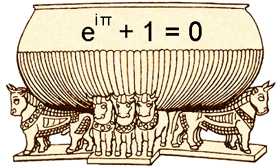 Ricostruzione del "mare di bronzo" di Re Salomone con sovrapposta la celeberrima Formula di Eulero