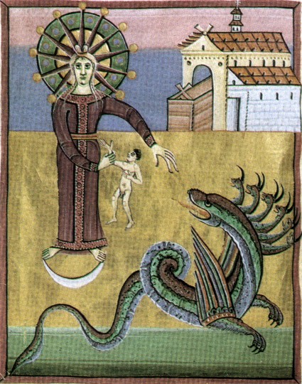Il drago minaccia la Donna, Apocalisse di Enrico II, 1020, Bamberga, Staatsbibliothek