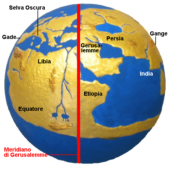 La Terra secondo Dante, vista dal meridiano di Gerusalemme, in rosso