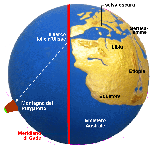 La Terra secondo Dante, vista dal meridiano di Gade, in rosso