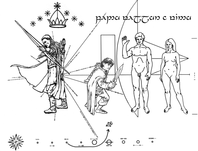 La sonda statunitense Pioneer 10, lanciata il 3 marzo 1972, porta con s una placca di alluminio dorato ideata dal famoso scienziato Carl Sagan e destinata ad eventuali intelligenze extraterrestri che in un lontano futuro potrebbero intercettarla. La placca originale pu essere osservata a questo URL (http://drake.ilpoliedrico.com/pioneer-10-il-primo-messaggio-umano-verso-lo-spazio.html); quella che qui vedete raffigurata  un'immagine dell'ipotetica placca del Pioneer disegnata nell'universo di Tolkien!