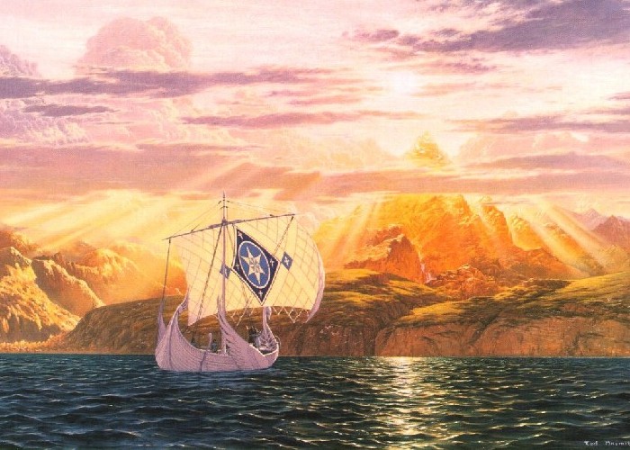 La nave di Elrond giunge in vista del Taniquetil, la montagna più alta di Valinor sulla quale dimorano Manwë e Varda, in una giustamente famosa illustrazione del grande disegnatore canadese Ted Nasmith