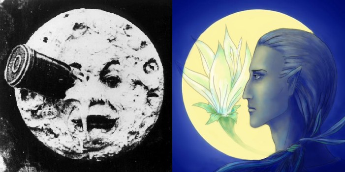 A sinistra: la luna con volto umano nel celebre film di Georges Méliès "Le voyage dans la Lune" (1902). A destra: una raffigurazione in stile manga di Tilion, il Maia della Luna