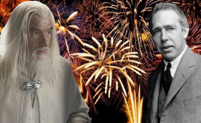 Gandalf (a sinistra) e Niels Bohr (a destra) sullo sfondo di uno spettacolo pirotecnico
