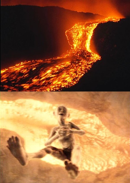 Una colata di lava dell'Etna (in alto) a confronto con la caduta di Gollum nel Monte Fato (in basso)