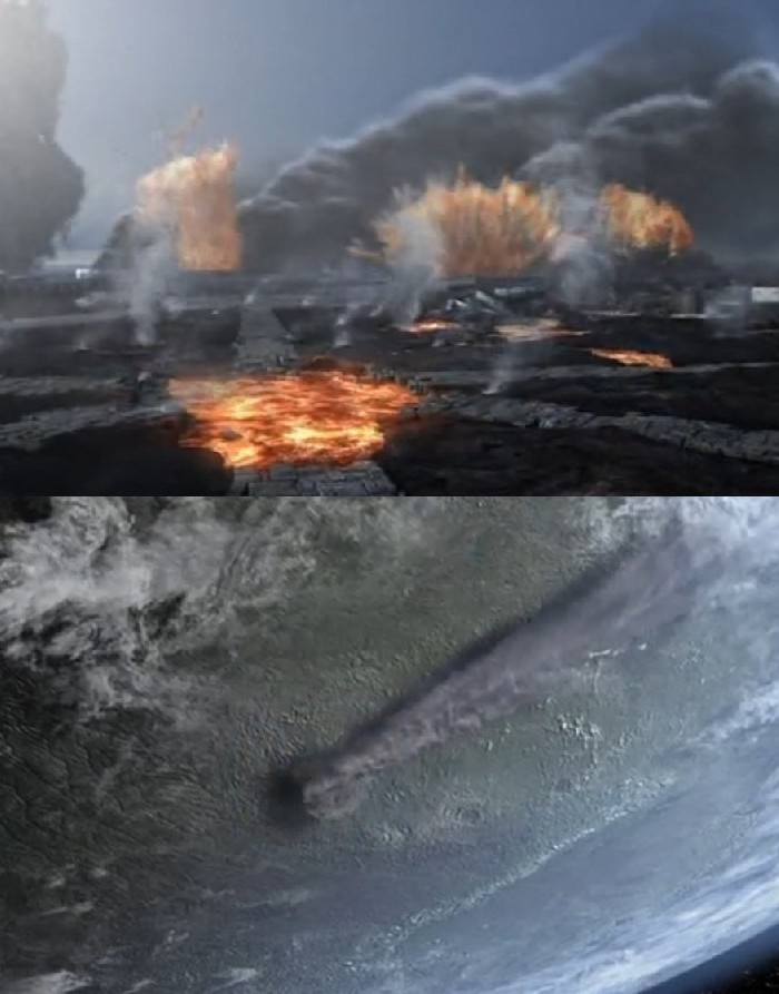 L'esplosione di un supervulcano ricostruita al computer nella puntata della seconda stagione del telefilm "Stargate Atlantis" intitolata "Inferno"