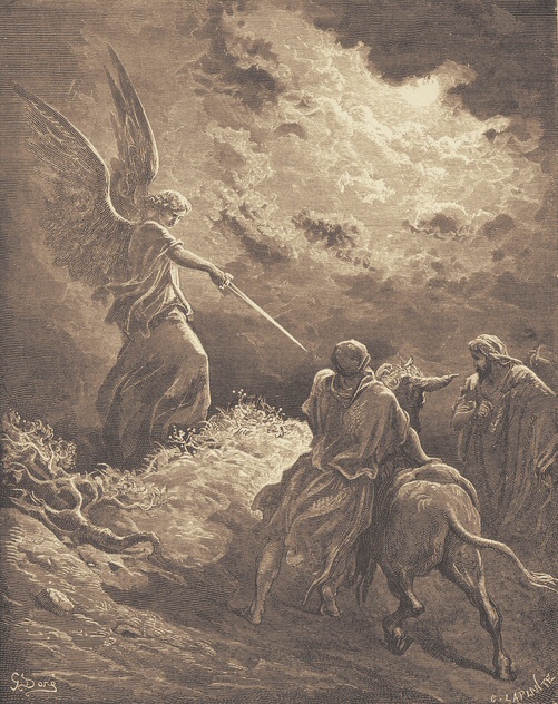 Gustave Dor, L'angelo appare a Balaam, incisione, 1866