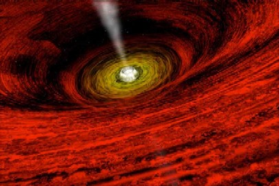 Rappresentazione pittorica del vortice di materia infuocata che sta per precipitare in un buco nero, disegno di April Hobart