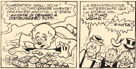 La fine dell'ultimo uomo nella storia a fumetti "La scorribanda nei secoli" di Jerry Siegel e Romano Scarpa (da "Topolino" n 911 del 13 maggio 1973)
