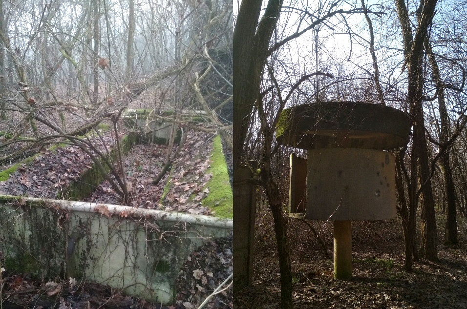 A sinistra: l'antico lavatoio sommerso dalla boscaglia. A destra: la garitta della polveriera, fotografata nel gennaio 2022