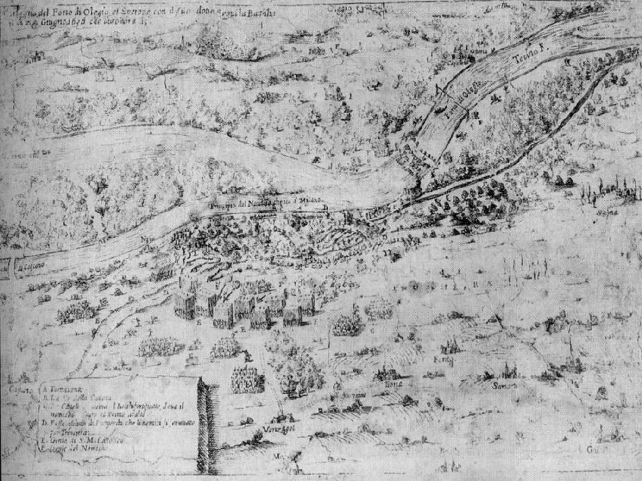 Rappresentazione seicentesca della battaglia di Tornavento. Nell'angolo in alto a sinistra si legge: "Disegno del porto di Olegio et sperone, con il sito dove seguì la battalia il dì 22 giugno 1636 che durò hore 15.