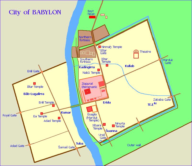 Mappa dell'antica citt di Babilonia (dal sito www.imninalu.net/ Babylon.htm)