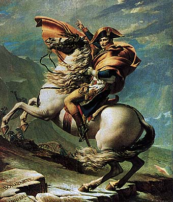 Napoleone varca il Gran San Bernardo, tela del pittore francese "rivoluzionario" Jean-Louis David