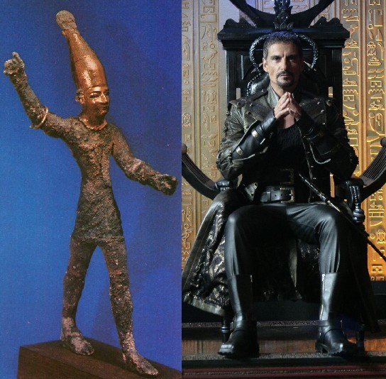 A sinistra: statuetta in bronzo del dio Baal. A destra: Baal così come appare nel telefilm di fantascienza "Stargate SG1"