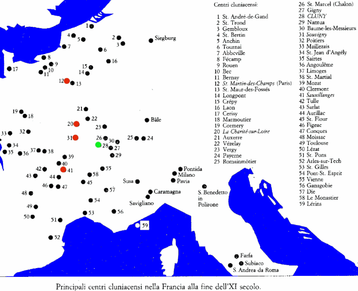 Principali centri cluniacensi in Francia alla fine dell'XI secolo