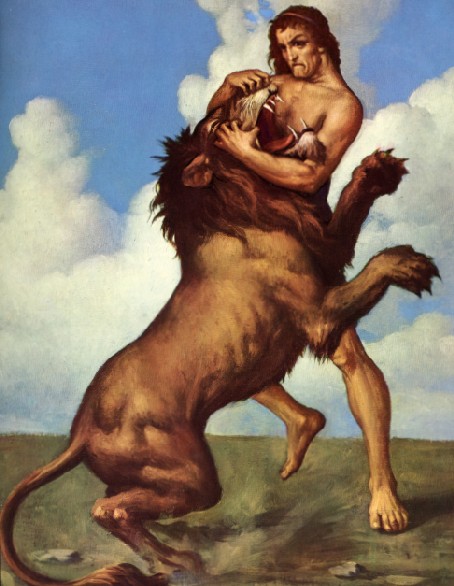 F. Monzio Compagnoni, Sansone uccide il leone, da "La Bibbia per la Famiglia", edizioni San Paolo