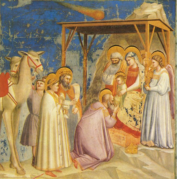 Giotto, "L'Adorazione dei Magi", affresco della Cappella degli Scrovegni, Padova, 1305-1305. Sopra la capanna è visibile la cometa di Halley, il cui passaggio fu osservato dallo stesso Giotto nel 1301