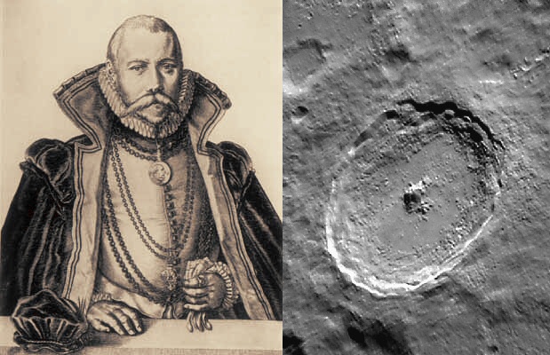 Tycho Brahe (a sinistra) con il cratere lunare a lui dedicato (a destra)
