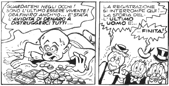 La fine dell'ultimo uomo nella storia a fumetti "La scorribanda nei secoli" di Jerry Siegel e Romano Scarpa (da "Topolino" n° 911 del 13 maggio 1973)