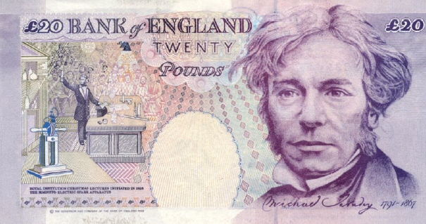 Michael Faraday (1791-1867) su una banconota britannica da 20 sterline