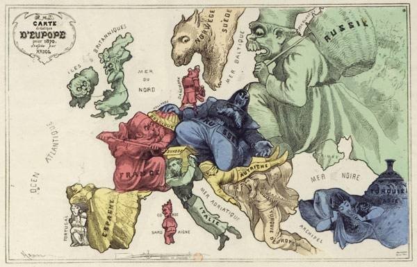 Una strana mappa dell'Europa antropomorfizzata a fine ottocento