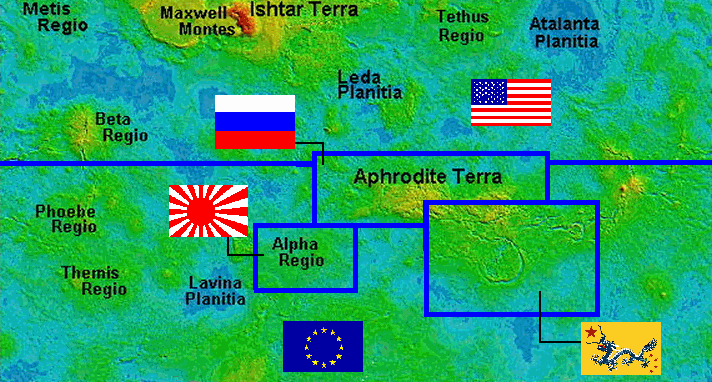 Mappa altimetrica di Venere spartita tra le potenze terrestri nel 1983