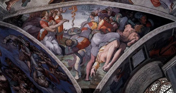 Michelangelo, Mos espone il serpente d'oro nel deserto, affresco della Cappella Sistina