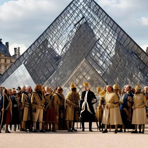 Re Enrico VII di Francia ritratto con la sua corte davanti alla piramide del Louvre (creata con openart.ai)