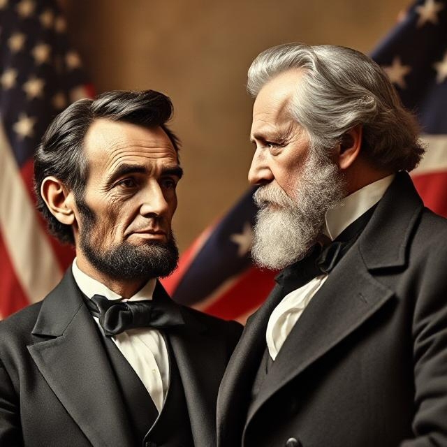 Abraham Lincoln tratta l'indipendenza degli Stati Confederati d'America con Jefferson Davis alla presenza del Generale Lee (immagine creata con openart.ai)