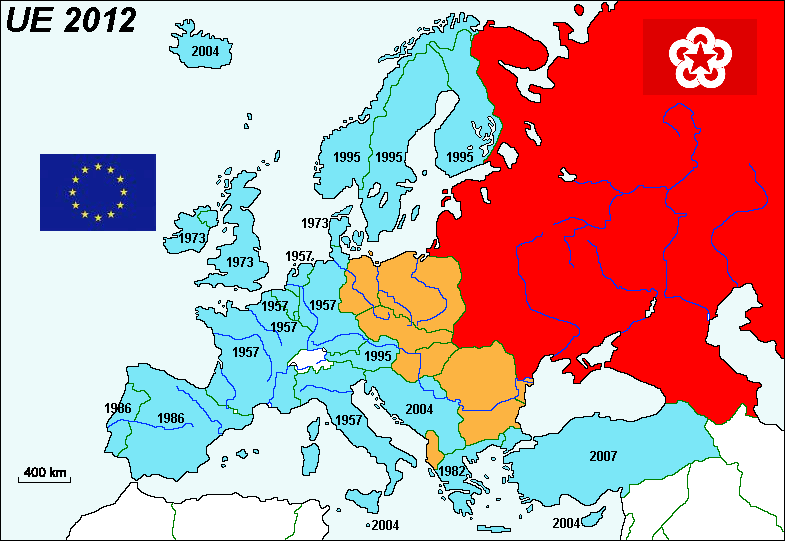 L'Unione Europea nel 2012 (con le date di adesione di ogni stato)
