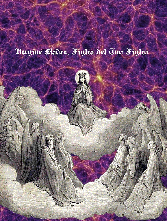 La Vergine Maria disegnata da Dor di fronte alla Millennium Simulation, un'immagine della distribuzione degli ammassi di galassie e della materia oscura su una scala di pi di 1,5 miliardi di anni luce