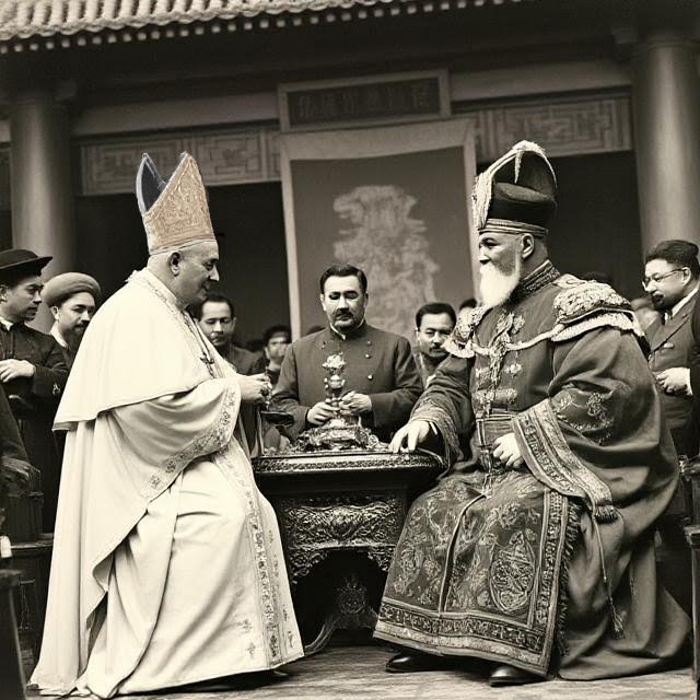 Pio IX ricevuto a Pechino dal Figlio del Cielo Tongzhi della Dinastia Qing, sovrano del Celeste Impero