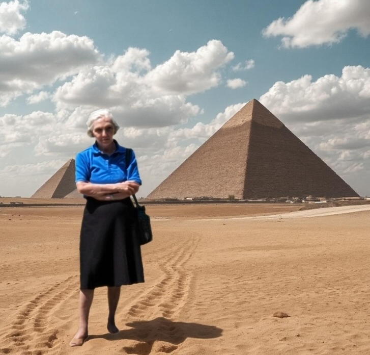 L'autrice fotografata davanti alle piramidi di Gizah