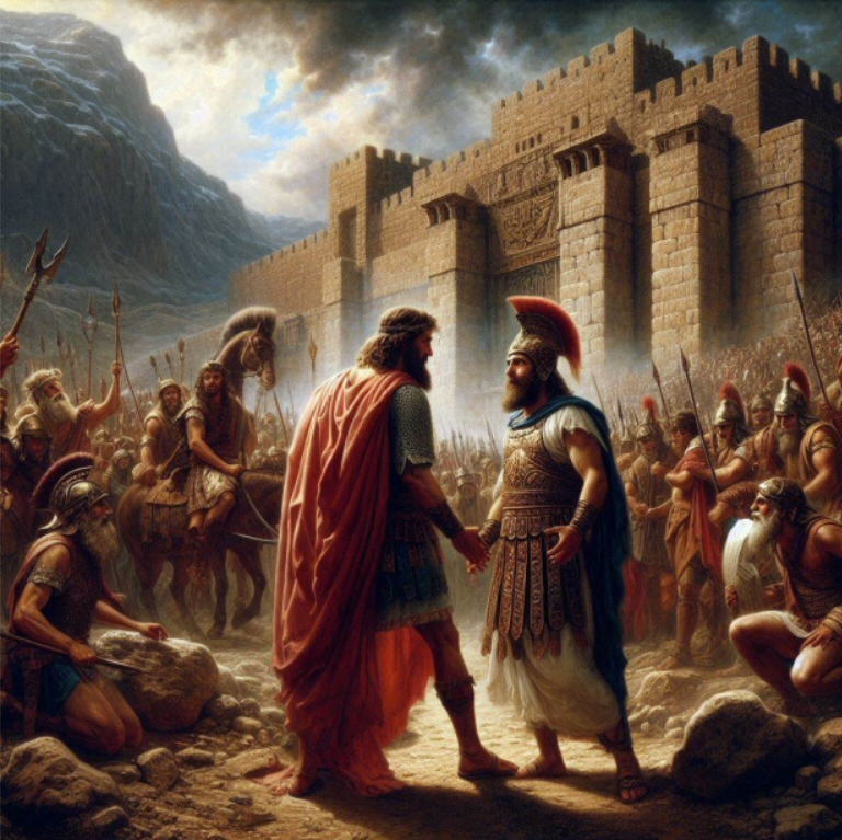 Ulisse e Giosu si alleano per conquistare l'imprendibile Gerico con lo stratagemma del cavallo (creata con BING)