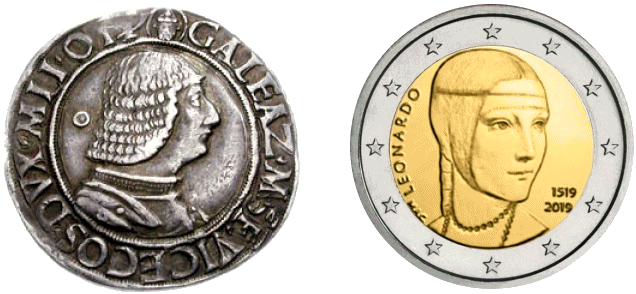 Uno storico "testone", moneta d'argento coniata nel 1474 da Galeazzo Maria Sforza, a confronto con la moneta da 2 euro emessa nel 2019 per commemorare i 500 anni dalla nascita di Leonardo da Vinci