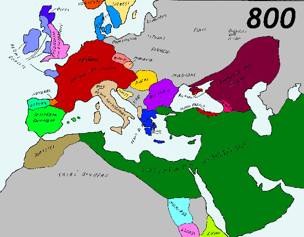 Il Mediterraneo nell'800 d.C. (cliccare per ingrandire)