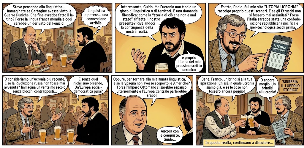 Un fumetto creato con l'Intelligenza Artificiale in cui tre dei protagonisti di questo sito discutono di ucronie davanti a una buona birra!
